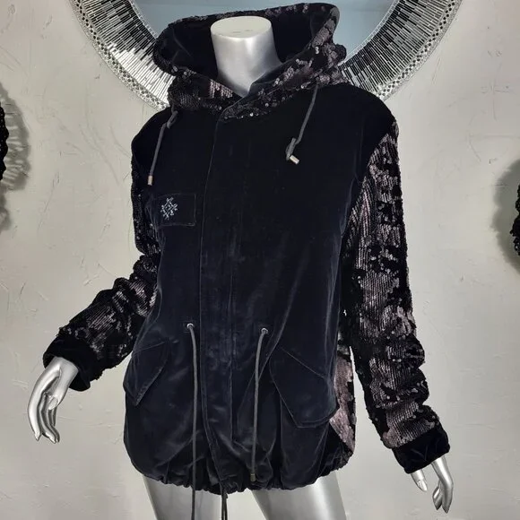 NWT~$2590~MR & MRS ITALY~S/M~BLACK VELVET SEQUIN HOODED PARKA COAT NO FUR